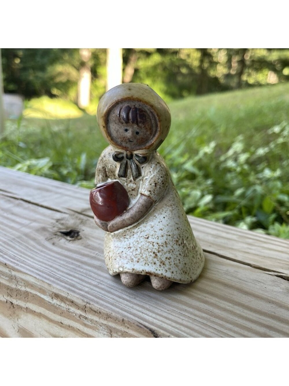 Girl Figurine Holding Flower Pot UCTCI Stoneware Speckled Glaze Bud Vase Trinket